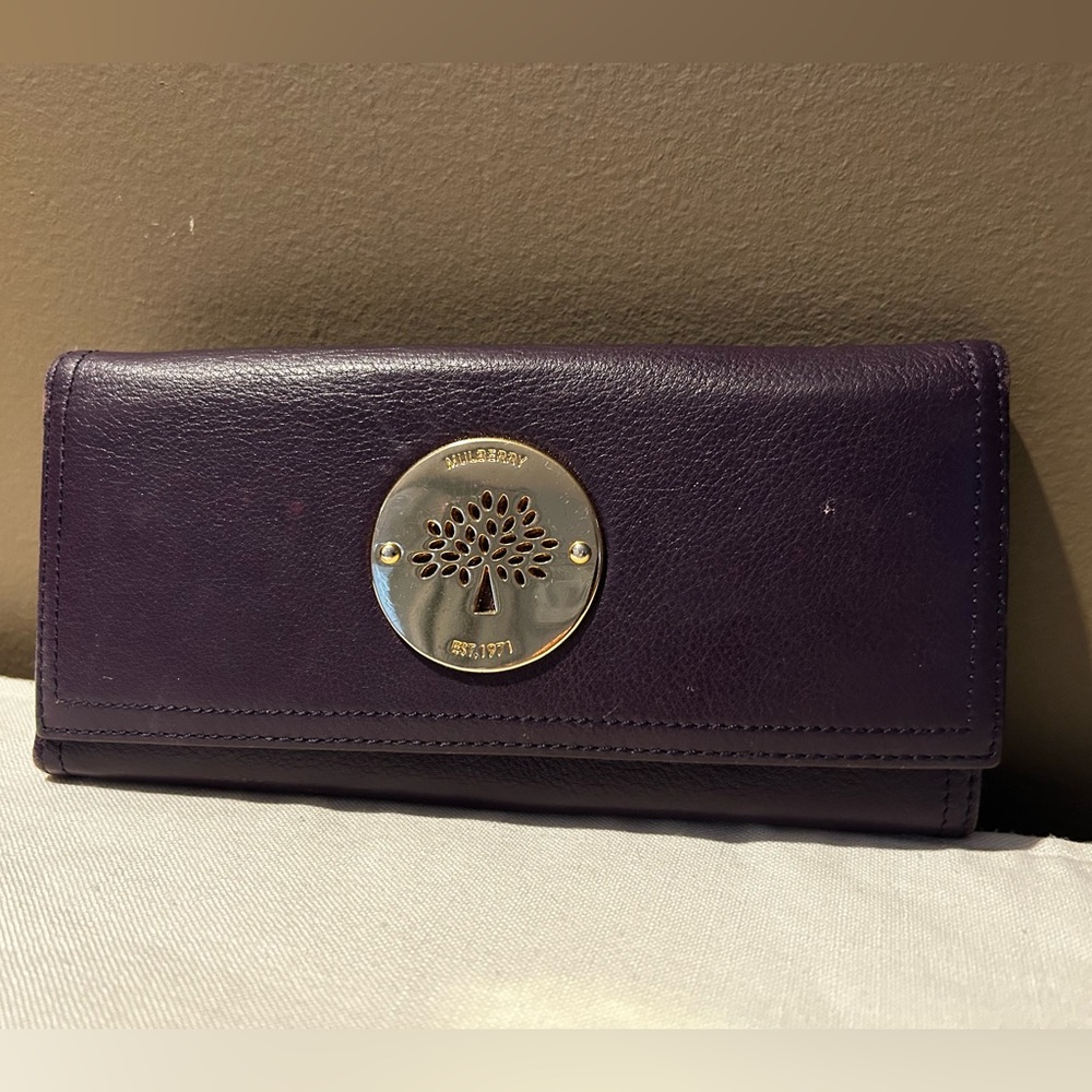 Mulberry Deep Purple Leather Clutch with Gold Emblem